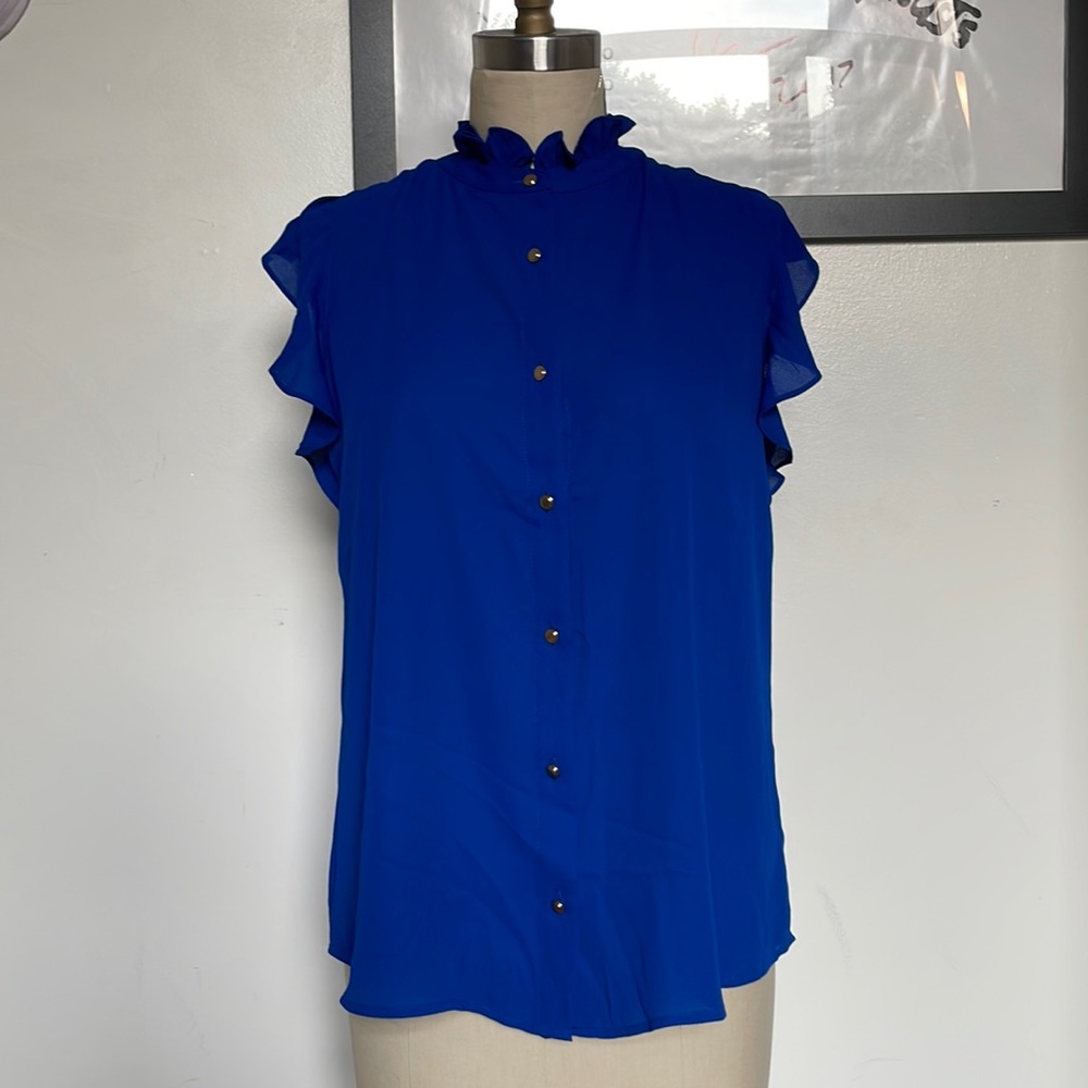 NWT Calvin Klein Ruffle Mock Neck Cap Sleeve Chiffon Button Front Blouse